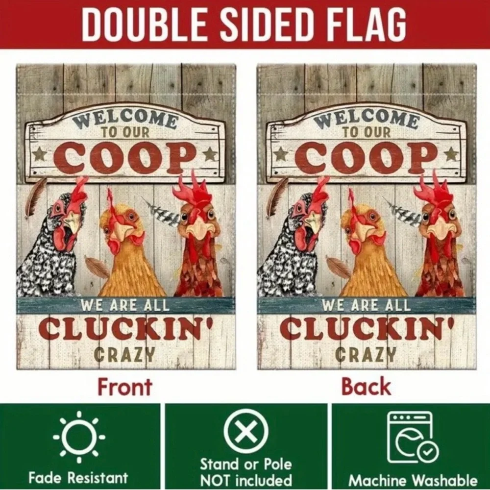 Welcome to Our Coop Tapestry Garden Flag, Red and Brown, NEW